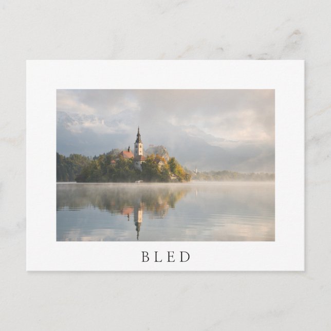 Foggy Bled Lake sunrise white postcard (Front)