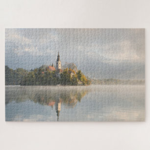 Foggy Bled Lake sunrise with church island Jigsaw Puzzle