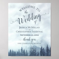 Foggy Blue Pine Forest Rustic Wedding Welcome Sign