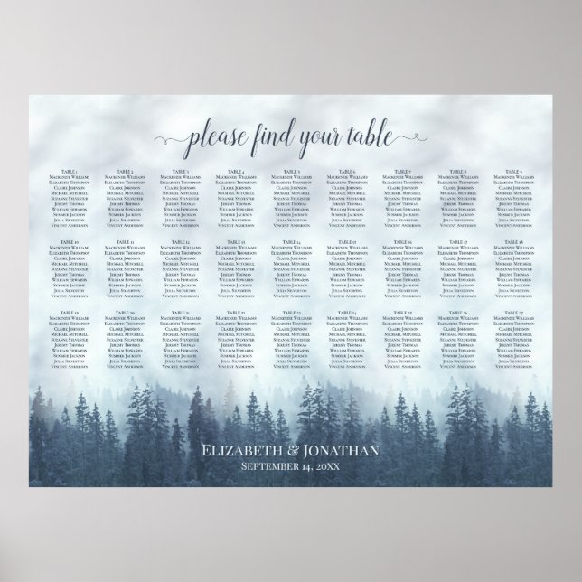 Foggy Blue Pines 27 Table Wedding Seating Chart (Front)