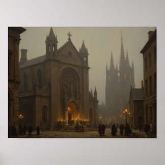 Foggy Cathedral Street Impressionist Oil Painting Poster