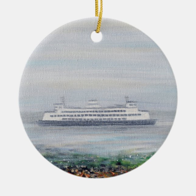 Foggy Ferry Painting Ceramic Tree Decoration (Front)