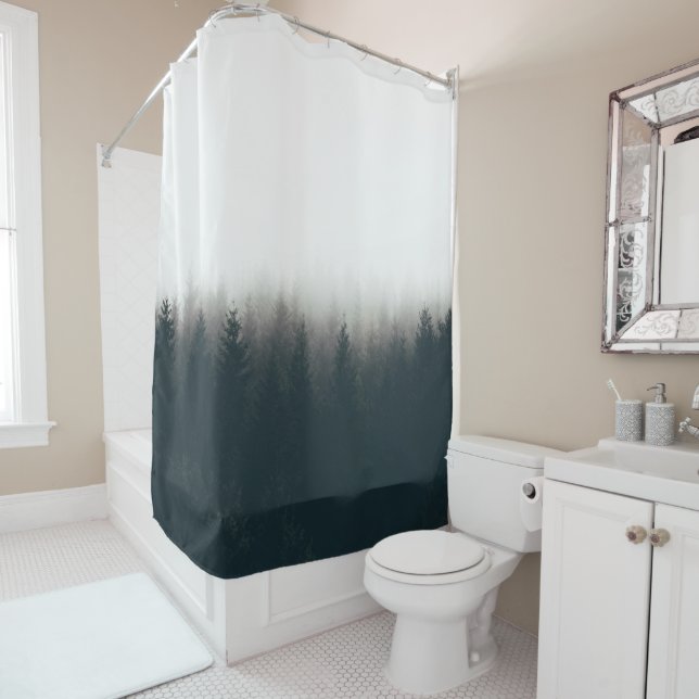 Foggy Forest Pine Mountain Aesthetic Art Shower Curtain (In Situ)