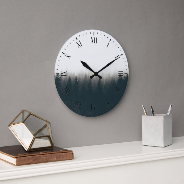Foggy Forest Pine Mountain Esthetic Art  Large Clock (Office)