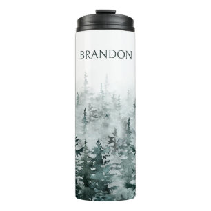 Foggy Forest pine trees personalised name Thermal Tumbler