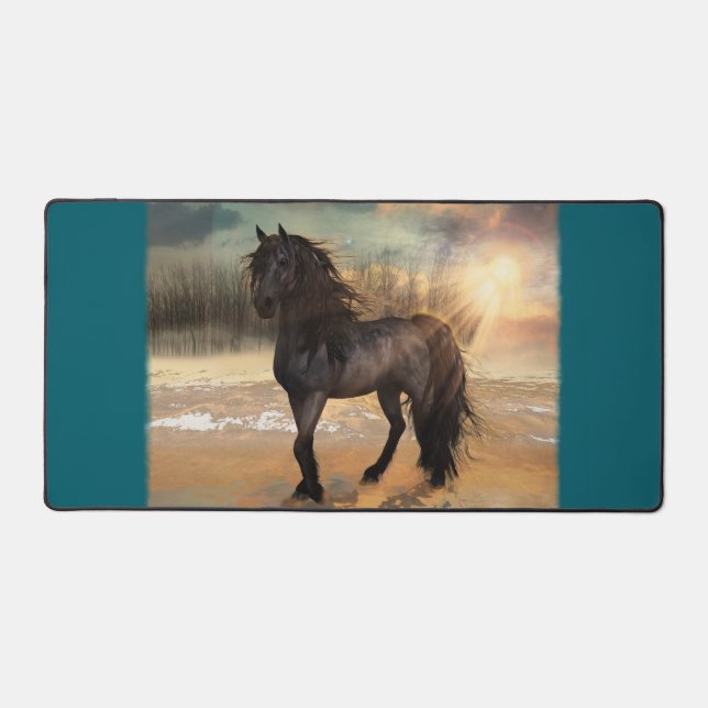 Foggy Friesian Morning, Horse Desk Mat (Front)