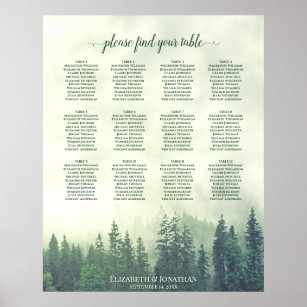 Foggy Green Forest 12 Table Wedding Seating Chart