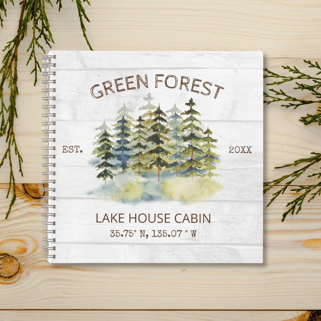 Foggy Green Forest Watercolor Cabin Guestbook Notebook (In situ)