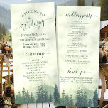 Foggy Green Mountain Pine Forest Rustic Wedding Programme<br><div class="desc">This beautiful wedding program features a rustic yet elegant design with a watercolor landscape of mountains covered in green pine trees shrouded in mist or fog. The titles are written in fancy script calligraphy, and there is space for your ceremony and wedding party details, as well as a short thank...</div>