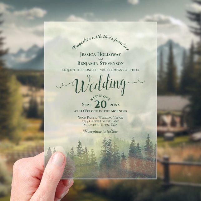 Foggy Green Mountain Pines Calligraphy Wedding Acrylic Invitations (With Rectangle Cut)