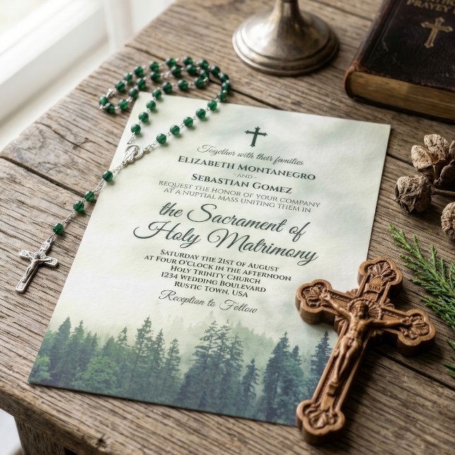 Foggy Green Mountain Pines Rustic Catholic Wedding Invitation (Creator Uploaded)