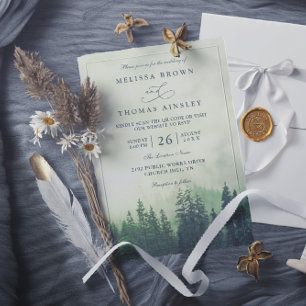 Foggy Green Mountain Pines Rustic QR Code Wedding Invitation