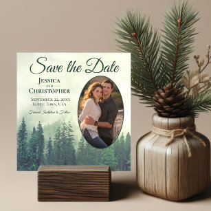 Foggy Green Mountains Rustic Oval Photo Wedding Save The Date
