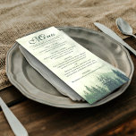 Foggy Green Pine Trees Rustic Elegance Wedding Menu<br><div class="desc">This wedding menu is simple,  rustic,  and elegant. It features a fancy script calligraphy title with a woodland mountain backdrop green pine trees shrouded in mist or fog. The back is a deep marbled forest green colour. Perfect for an outdoor reception.</div>