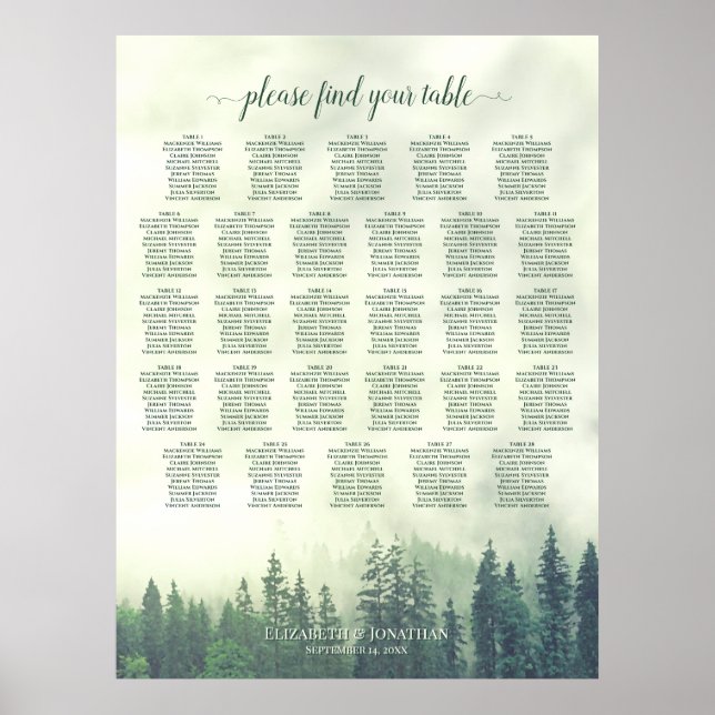 Foggy Green Pines 28 Table Wedding Seating Chart (Front)