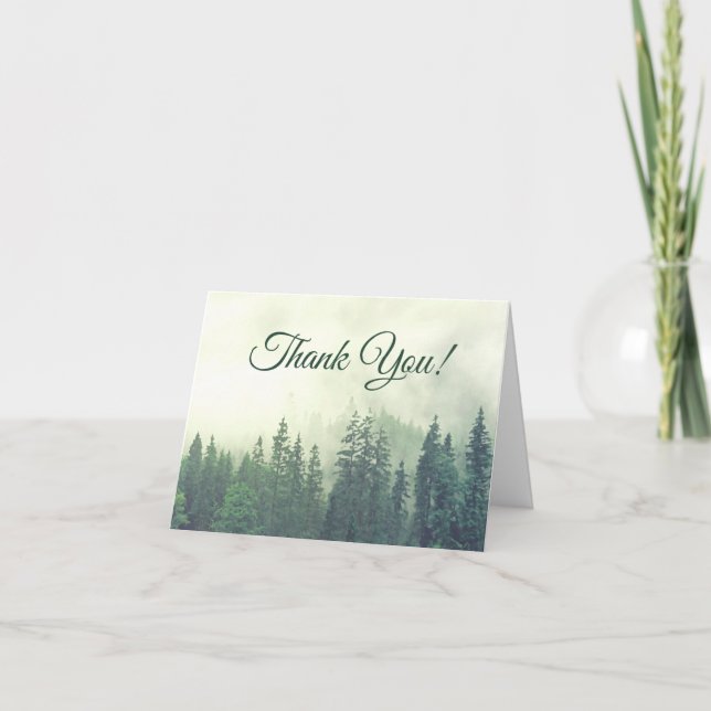 Foggy Green Pines Simple Rustic Wedding Photo Thank You Card (Front)