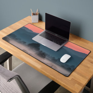 Foggy landscape at sunset desk mat