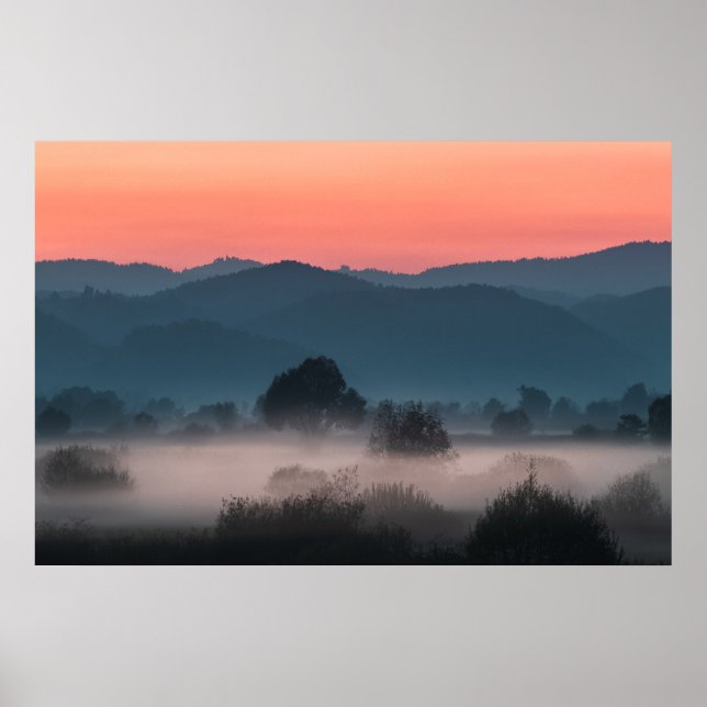Foggy landscape at sunset poster (Front)