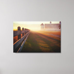 Foggy Morning Farm Fence at Sunrise Canvas Print