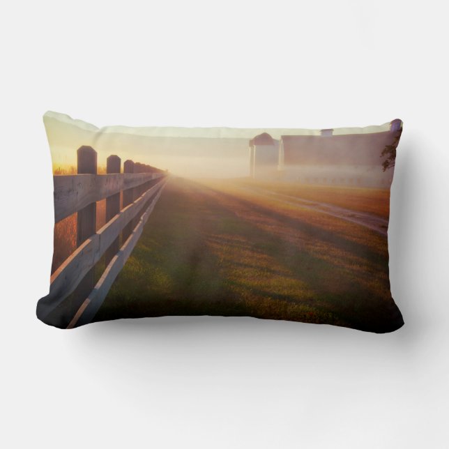 Foggy Morning Farm | Fence at Sunrise Lumbar Cushion (Front)