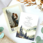Foggy Mountain Pines Rustic QR Code Wedding  Invitation<br><div class="desc">Invite your guests into a love story wrapped in nature's quiet elegance with this breathtaking wedding invitation. Painted in soft, rustic tone watercolors, the design captures a tranquil mountain landscape where layers of pine trees rise gently through a veil of golden evening mist. The scene feels like a memory -...</div>
