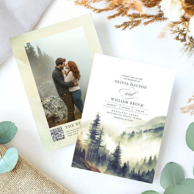 Foggy Mountain Pines Rustic QR Code Wedding  Invitation (Foggy Mountains Woodland Wedding Photo Invitation)