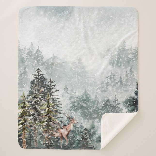 Foggy Mountain Snowy Winter Woodland Forest Deer Sherpa Blanket (Front)