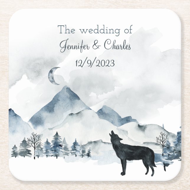 Foggy Mountain Watercolor Wedding Square Paper Coaster (Front)