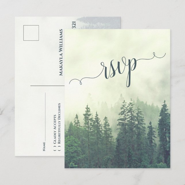 Foggy Mountains Green Pine Forest Wedding RSVP Postcard (Front/Back)