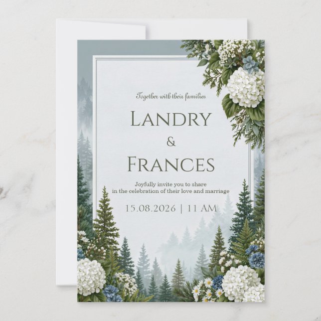 Foggy Pine Blue Hydrangea Wedding Invitation (Front)