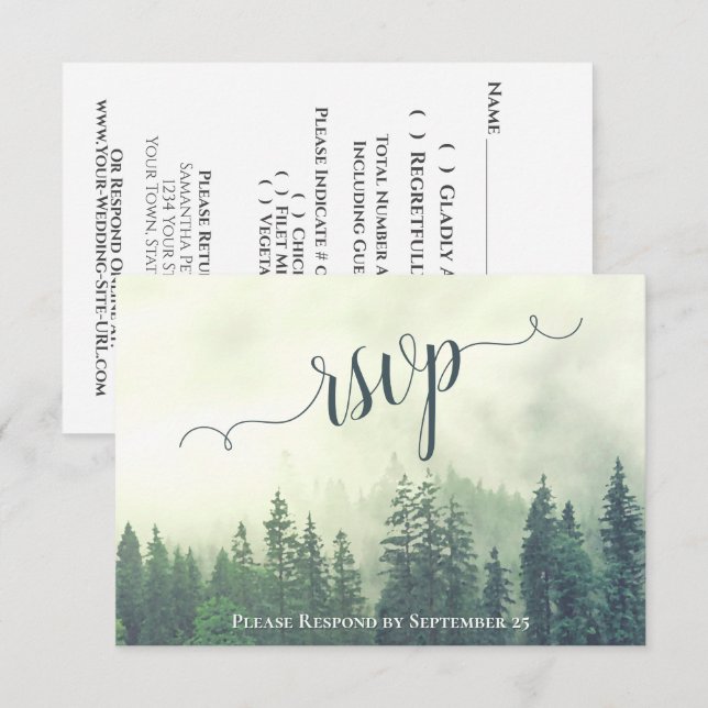 Foggy Pines Rustic Green Forest Outdoor Wedding RSVP Card (Front/Back)