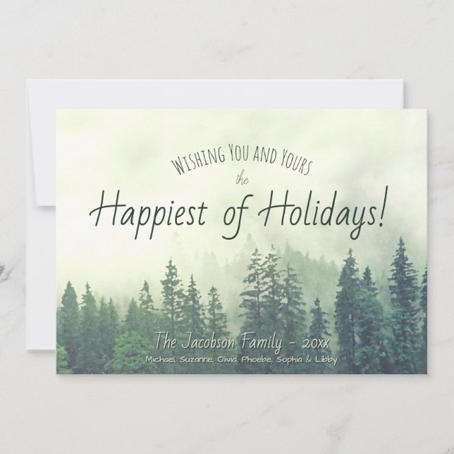 Foggy Pines Rustic Watercolor Happiest Holidays Holiday Card (Front)