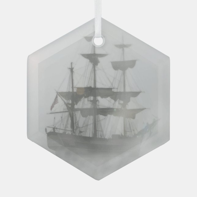 Foggy Pirate Ship Sailing Sailor Ocean Sea Glass Tree Decoration (Front)