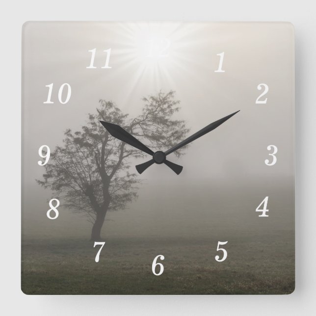 Foggy Starburst Tree Landscape Wall Clock (Front)