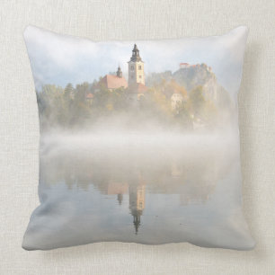 Foggy sunrise at Lake Bled Cushion