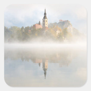 Foggy sunrise at Lake Bled Square Sticker