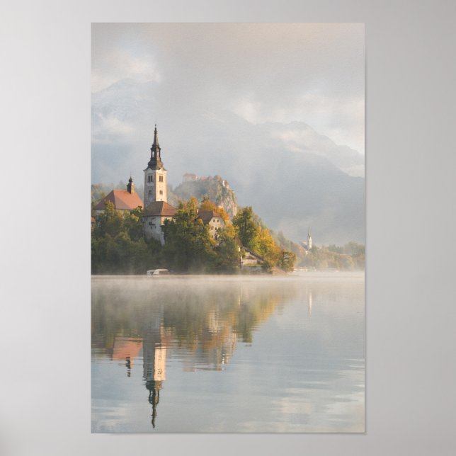 Foggy sunrise Lake Bled vertical poster (Front)