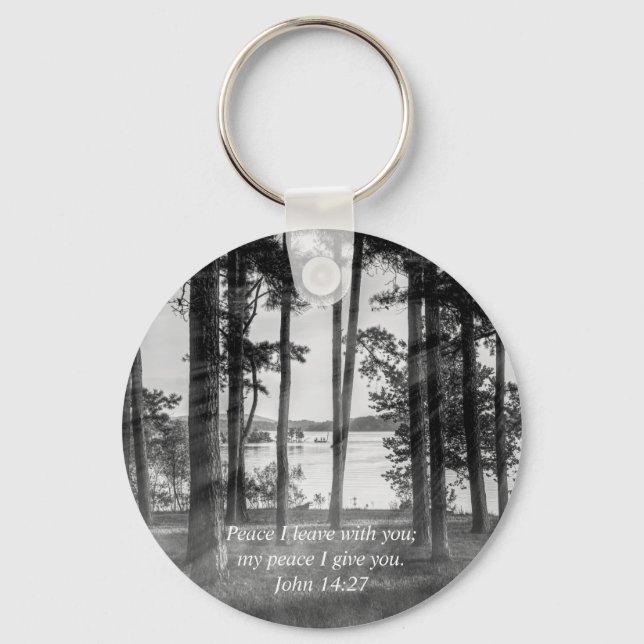 Foggy Trees At Table Rock Grayscale Bible Verse Key Ring (Front)