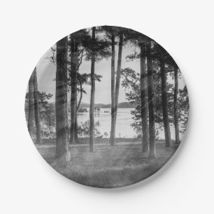 Foggy Trees At Table Rock Grayscale Paper Plate