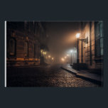 Foggy Victorian Cobblestone Alley Glow Poster<br><div class="desc">Thick fog envelops a narrow Victorian cobblestone alley lit by warm amber street lamps mounted on elegant wrought-iron brackets. Tall Georgian brick buildings with tall windows rise on both sides, their details softened by the mist that turns every light into a glowing halo. The curving lane fades into impenetrable darkness,...</div>