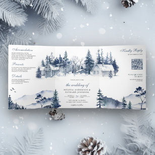 Foggy Winter Mountain Pine Forest QR Code Wedding Tri-Fold Invitation