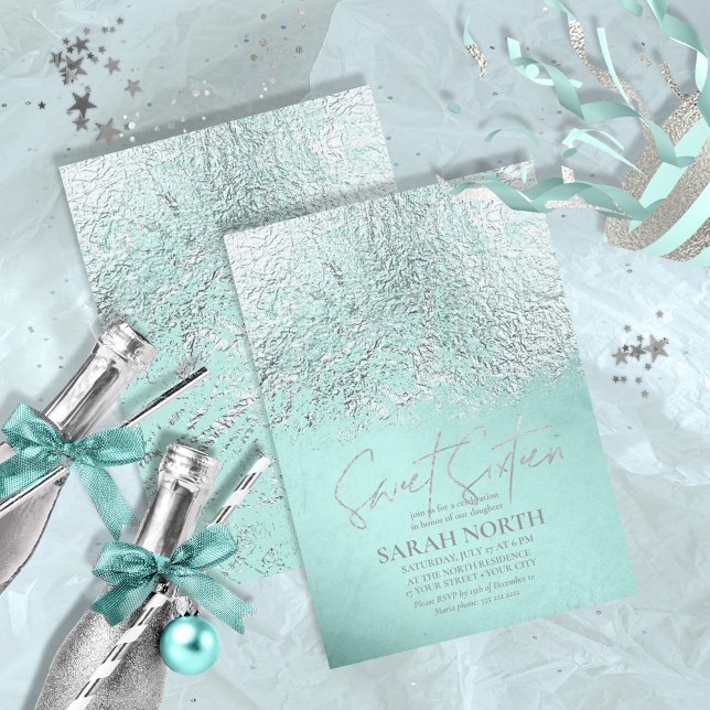 Foil Abstract Sweet Sixteen Silver Teal ID776 Invitation (Creator Uploaded)
