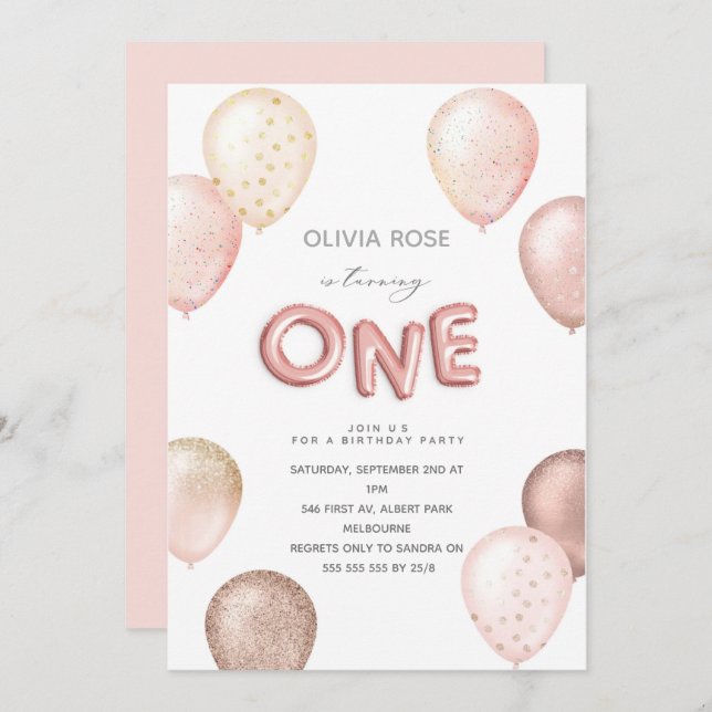 Foil And Glitter Balloons 1st Birthday Party Invit Invitation (Front/Back)