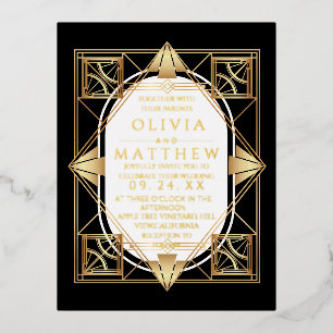 Foil Art Deco Modern Black and Gold Wedding  Invitation Postcard