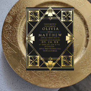 Foil Art Deco Modern Black Wedding Invitation