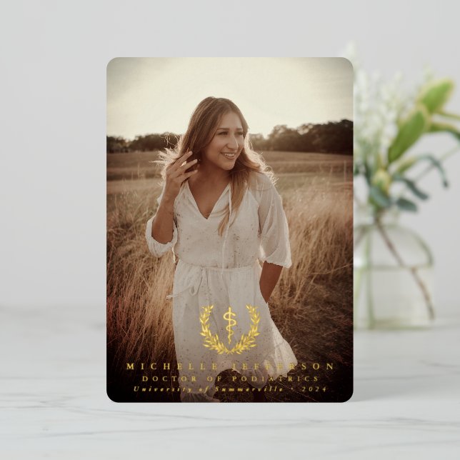 Foil Asclepius Med School Graduation Announcement (Standing Front)