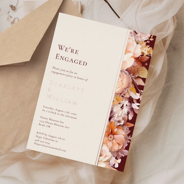 FOIL Autumn Floral Burgundy Modern We're Engaged (Creator Uploaded)