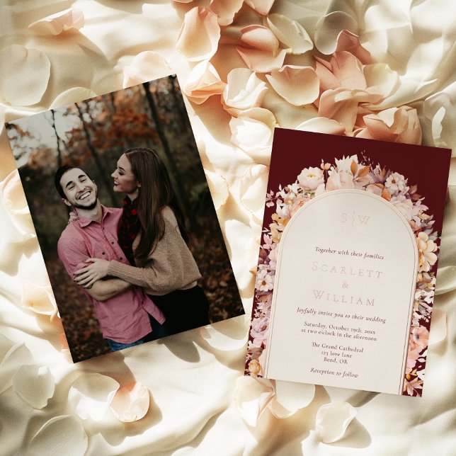 FOIL Autumn Floral Burgundy Monogram Photo Wedding (Creator Uploaded)