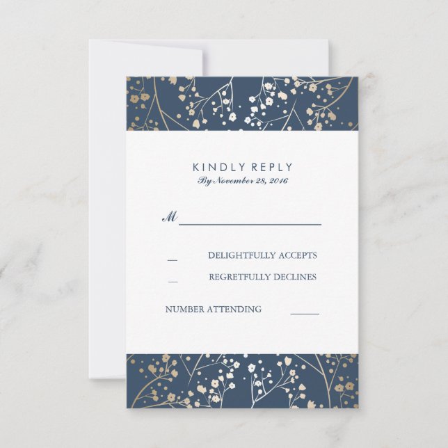 Foil Baby's Breath Navy Wedding RSVP Cards (Front)