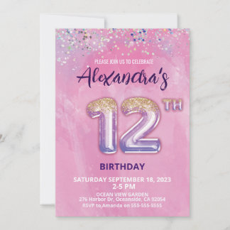 Foil Balloon 12th Birthday Invitation